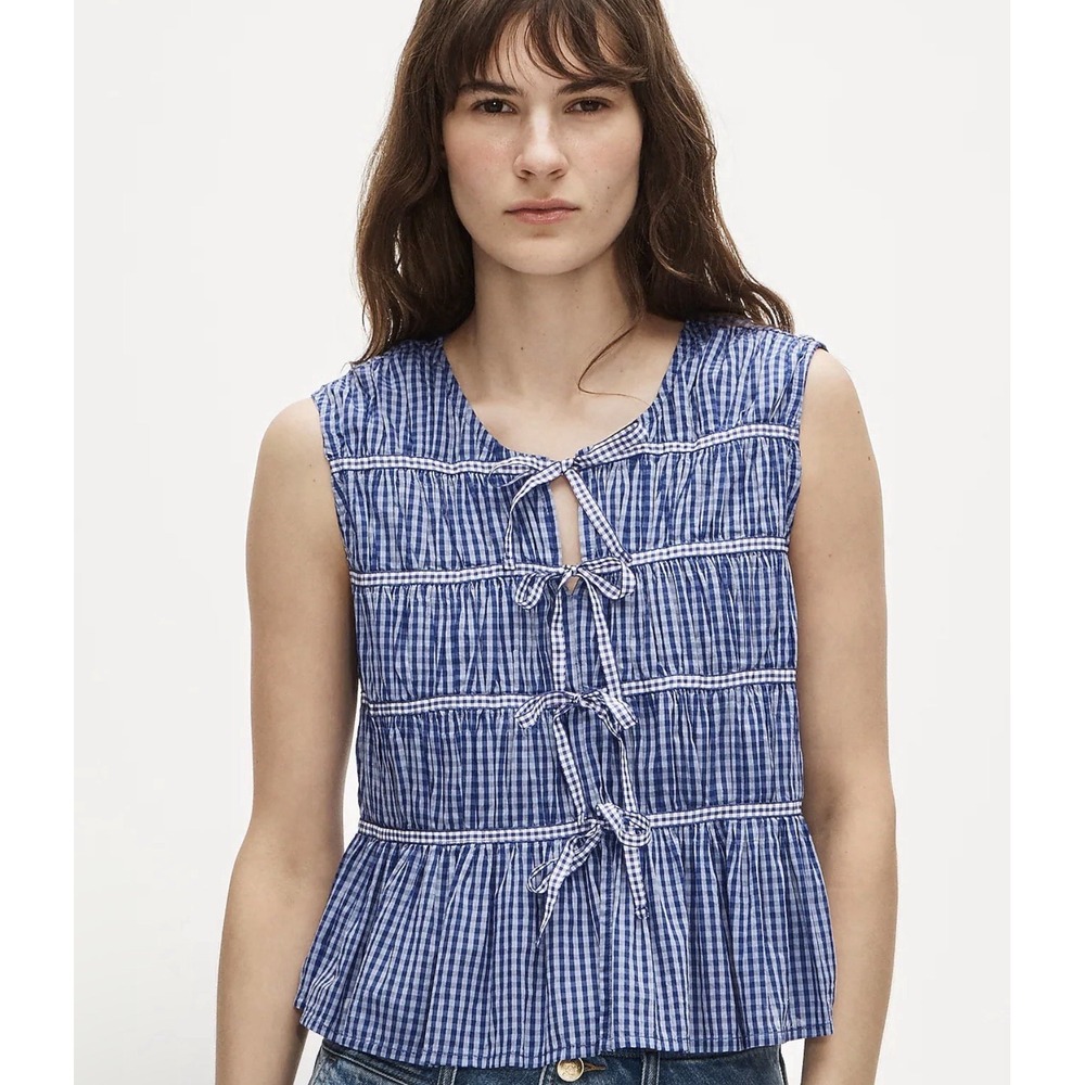 J CREW M Tie-front top in gingham CV052